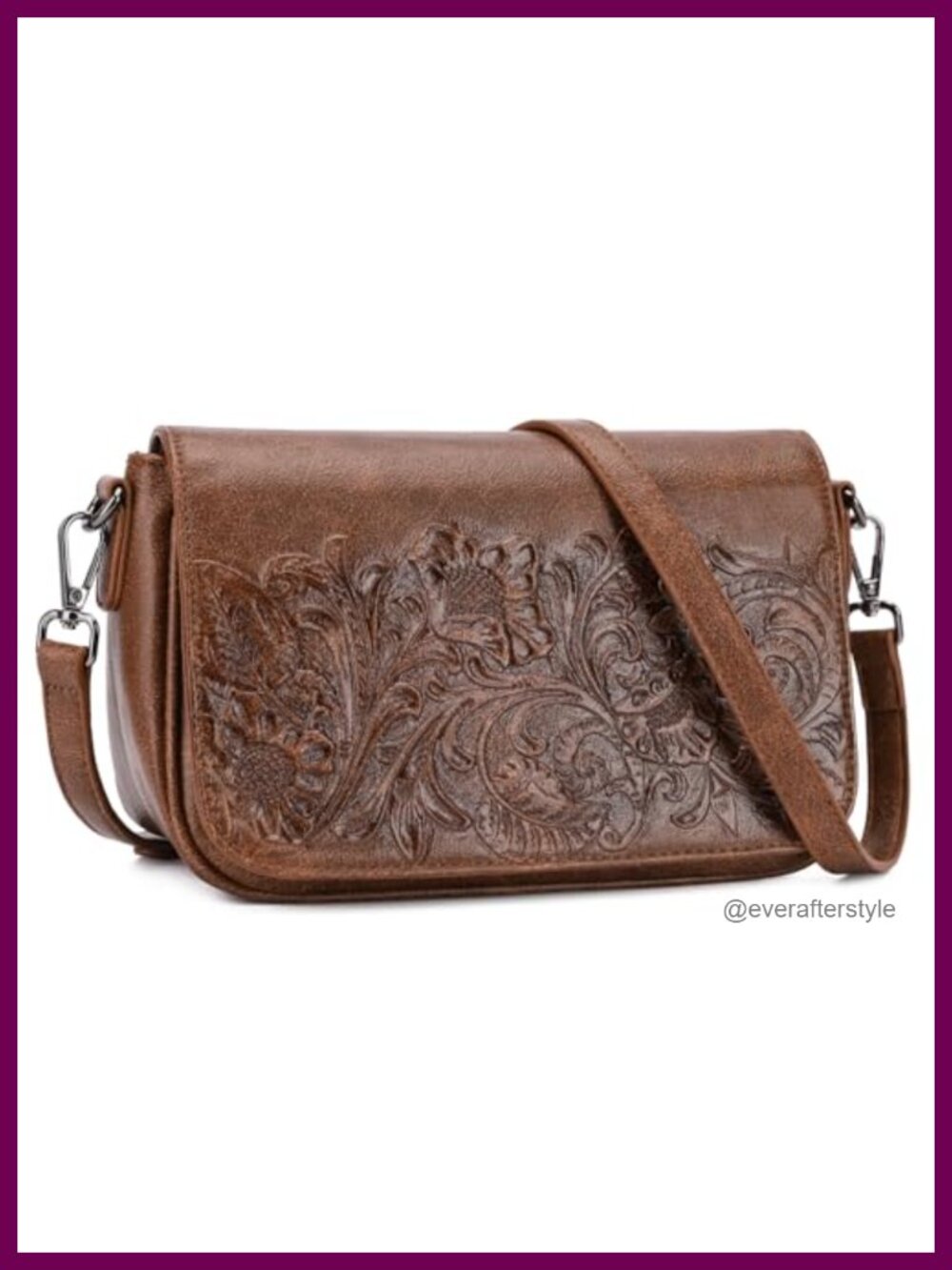 Floral Embossed Vegan Leather Small Crossbody Bag Adjustable Strap